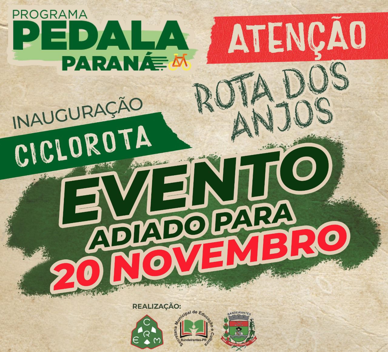 imagem informando que o evento de lançamento da ciclorrota rota dos anjos foi adiado para 20 de novembro