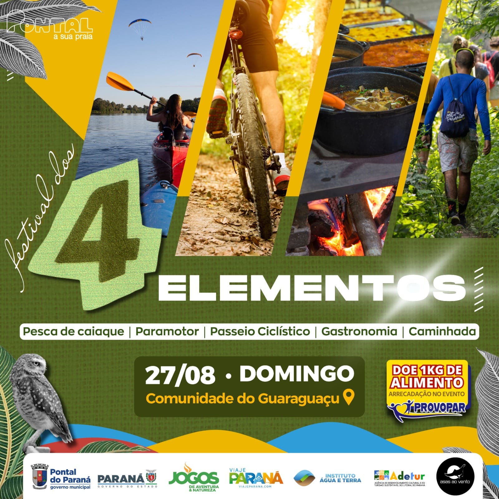 cartaz de convite ao festival dos 4 elementos. O cartaz traz 4 atividades que são o caiaque, ciclismo, culinária com fogão à lenha e trilha.