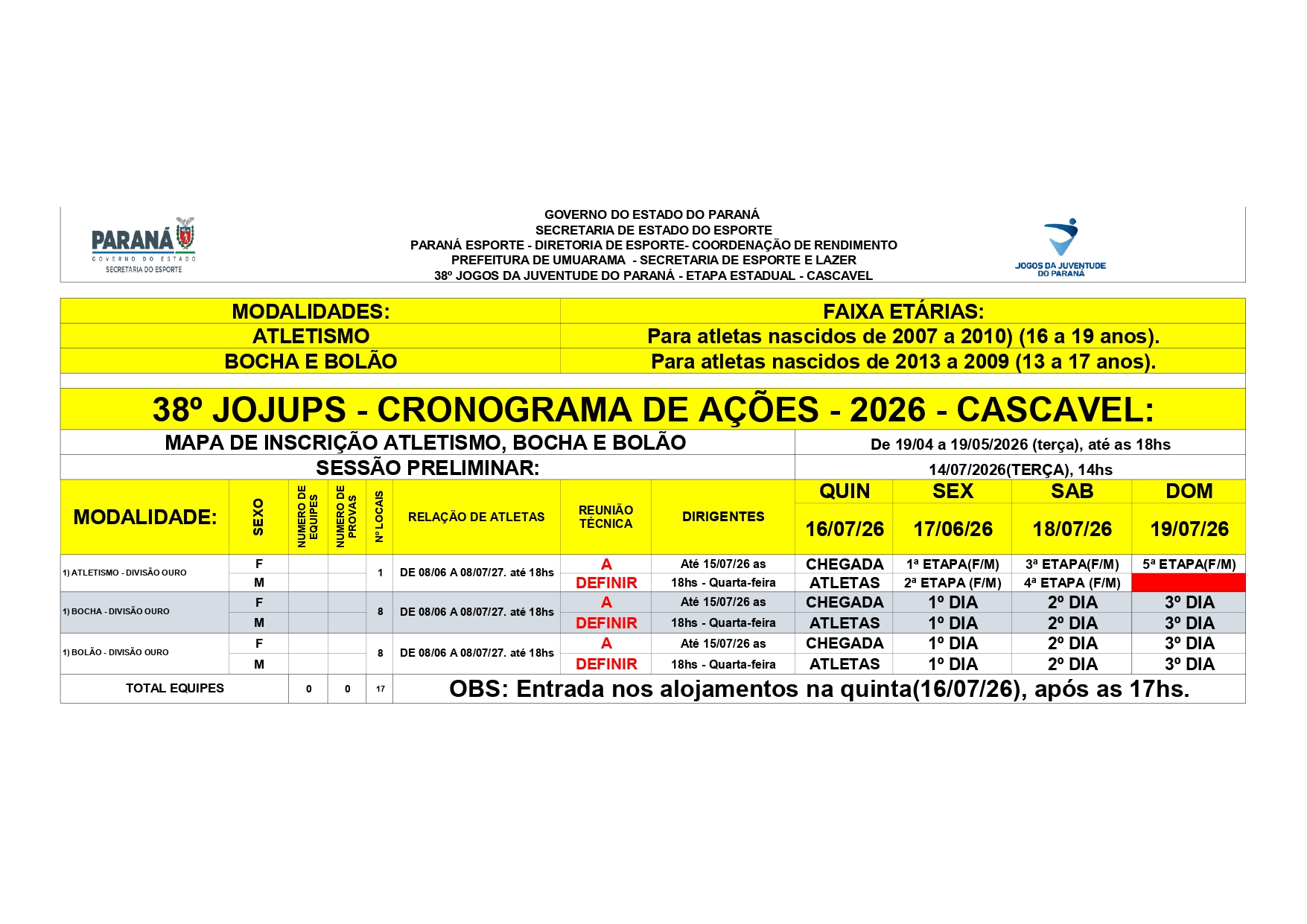 38º JOJUPS - FASE FINAL - CASCAVEL - 16 A 19/10/26