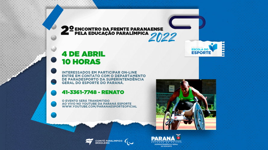 O evento acontecerá no dia 4 de abril de 2022, às 10 horas da manhã. Interessados em participar entre em contato com o departamento de paradesporto da Superintendência Geral do Esporte do Paraná, pelo telefone 41 3361-7748, falar com Renato. O evento será transmitido ao vivo no youtube da Paraná Esporte, pelo link www.youtube.com/paranaesporteoficial
