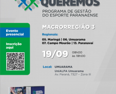 Macrorregião 3, capacitação dia 19/09 das 8h às 18h na UNIALFA em Umuarama. Regionais: 05. Maringá, 06. Umuarama e 07. Campo Mourão e 13. Paranavaí