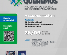 Macrorregião 1, capacitação dia 26/09 das 8h às 18h no Auditório Municipal e Centro Cultural Queimadas em Ortigueira. Regionais: 01. Curitiba e Litoral, 02. Ponta Grossa, 10. Guarapuava e 14. União da Vitória