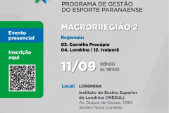 Macrorregião 2, capacitação dia 11/09 das 8h às 18h no Instituto de Ensino Superior de Londrina (INESUL). Regionais: 03. Cornélio Procópio, 04. Londrina e 12. Ivaiporã