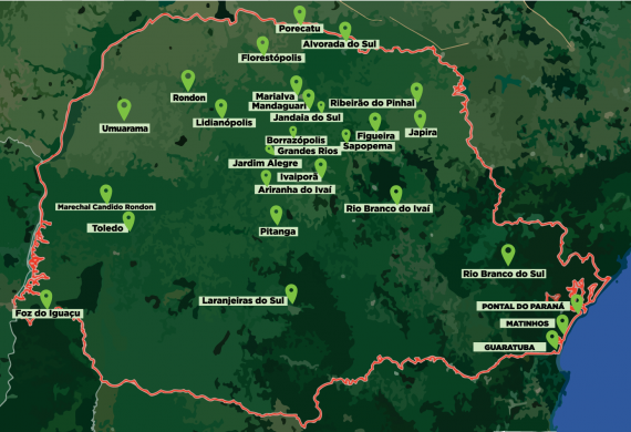 mapa com as ciclorrotas do programa pedala paraná