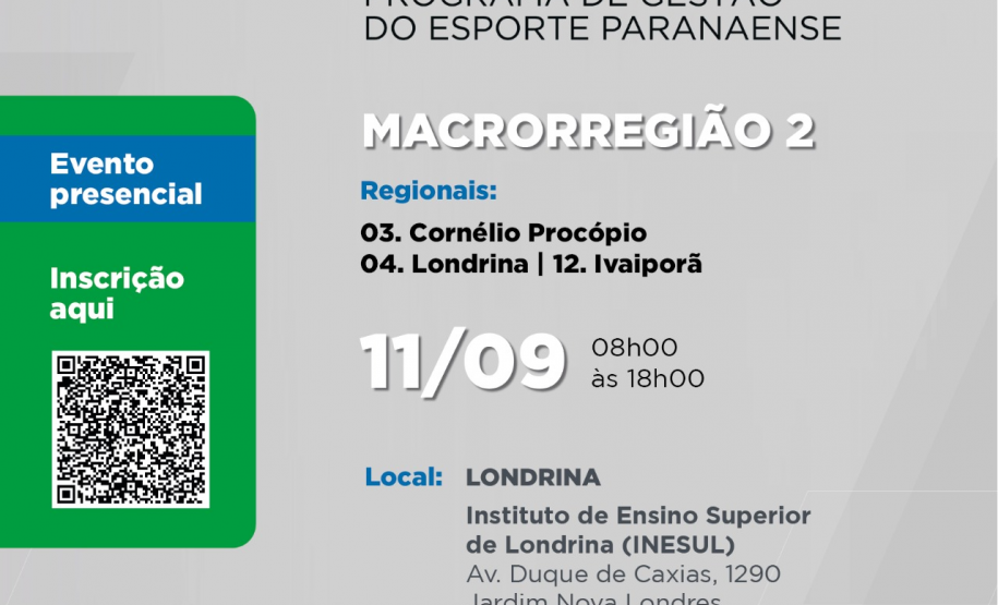 Macrorregião 2, capacitação dia 11/09 das 8h às 18h no Instituto de Ensino Superior de Londrina (INESUL). Regionais: 03. Cornélio Procópio, 04. Londrina e 12. Ivaiporã