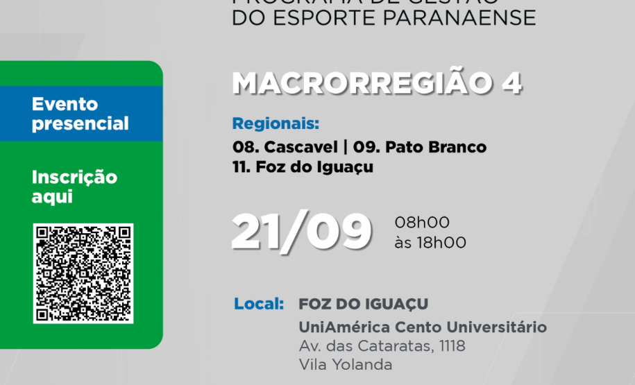 Macrorregião 4, capacitação dia 21/09 das 8h às 18h na UniAmérica Centro Universitário em Foz do Iguaçu. Regionais: 08. Cascavel, 09. Pato Branco e 11. Foz do Iguaçu